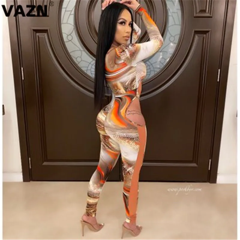 VAZN, панк стиль, модный принт, круглый вырез, красочная повязка, женский комбинезон, длинный рукав, длинные штаны, комбинезоны, сексуальные Клубные Комбинезоны
