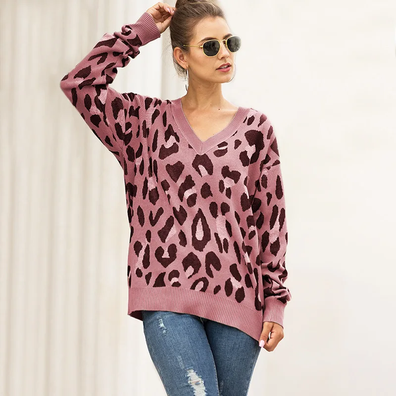 sweaters fashion 2018 women womens clothing and fashion three color leopard jacquard V-Neck Sweater female  women sweater