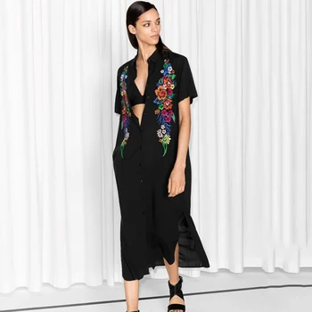 

Black Embroidered Beach Tuinc Cotton Plus Size Loose Beachwear Bikini Swimsuit Cover Up Button Beach Dress Ladies Sundress