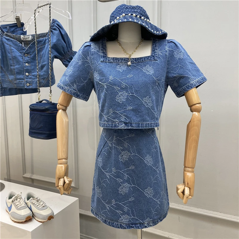 

Woman Set 2020 Summer Vintage Rose Pattern Square Collar Puff Sleeve Short Denim Top + Jeans A- Line Skirt Two-Piece Set Female