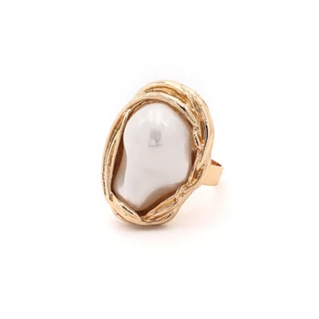 

SRCOI Gold Color Metal Irregular Imitation Pearl Open Ring 2019 New Hot Sale Pearl Simple Ring For Women Party Wedding Jewelry