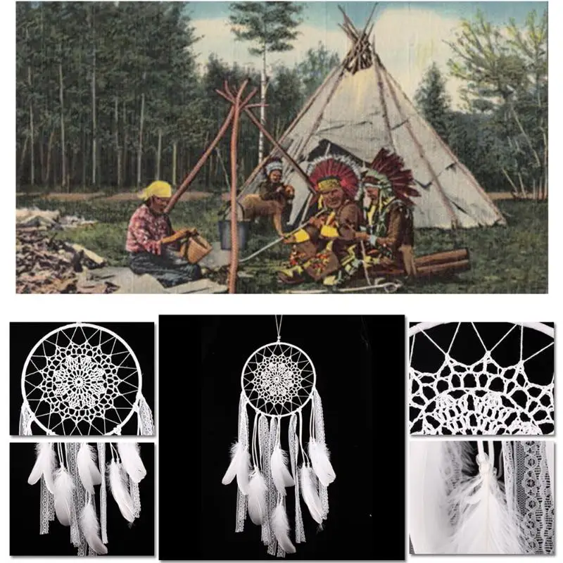 White Fringed Lace Dream Catcher Feather Car Wall Hanging Decoration Craft