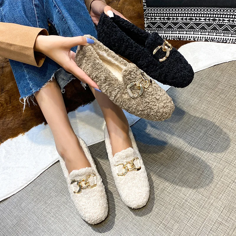 Chain Lambswool Flats Moccasins Femme Slip On Plush Winter Ladies Shoes Curly Furry Loafers Women Creepers Zapatos Plus Size 43 2