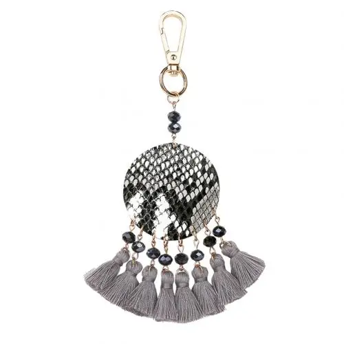 Boho леди змеиный принт круглый кулон кисточкой бусины брелок кольцо сумка орнамент - Цвет: Grey