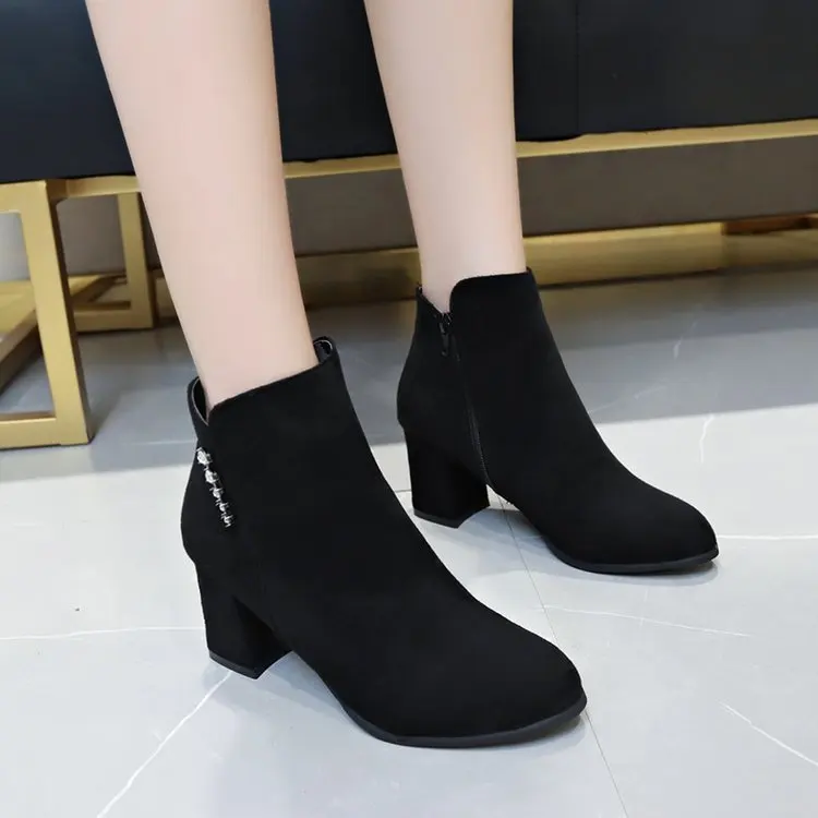 

Short Boots Women's 2019 Autumn & Winter New Style Korean-style Versatile Man-made Diamond Plus Velvet WOMEN'S Boots Side Zipper