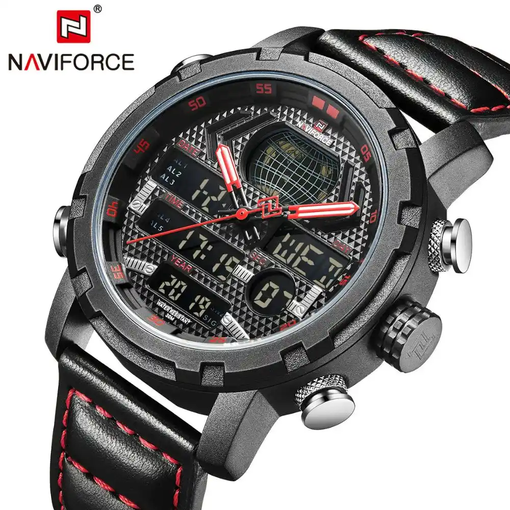 Naviforce スポーツデュアルタイムクォーツ腕時計メンズアナログデジタルメンズ腕時計トップブランドの高級カレンダー腕時計革ストラップ時計 デジタル腕時計 Aliexpress
