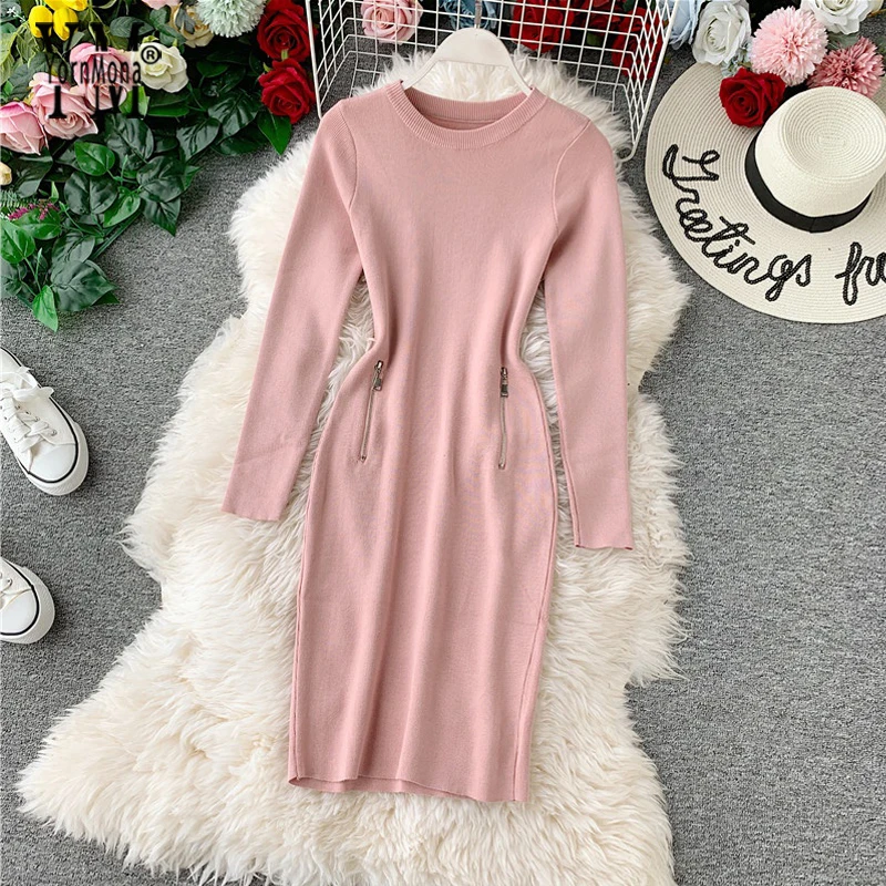 YornMona Knitted Women Dress 2019 Autumn New Zippers Design Elegant Ladies Office Solid Basic Winter Bodycon Sweater | Женская одежда