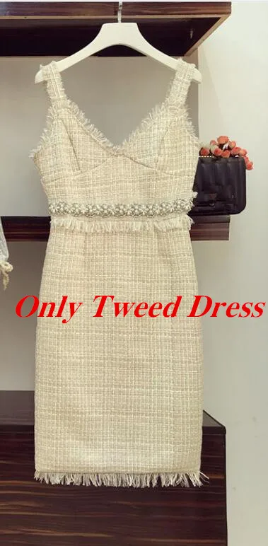 Only Tweed Dress Новинка, твидовое платье, комплект из 2 предметов, женская рубашка в горошек с рукавом-фонариком и сеткой, топы и спагетти ремень, бисероплетение, талия, платье с кисточками, OL костюм - Цвет: Only Tweed Dress