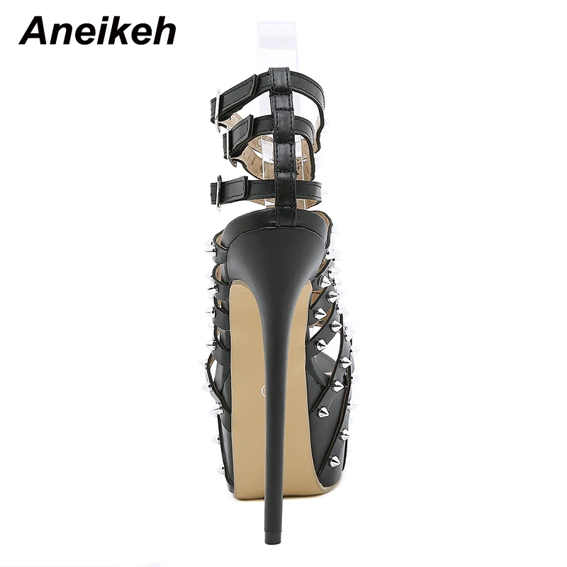 Aneikeh Gladiator Rivet Women High Sandals Summer Sexy Stripper 17.5CM Thin Heels Shoes Platform Fashion Narrow Band Pumps