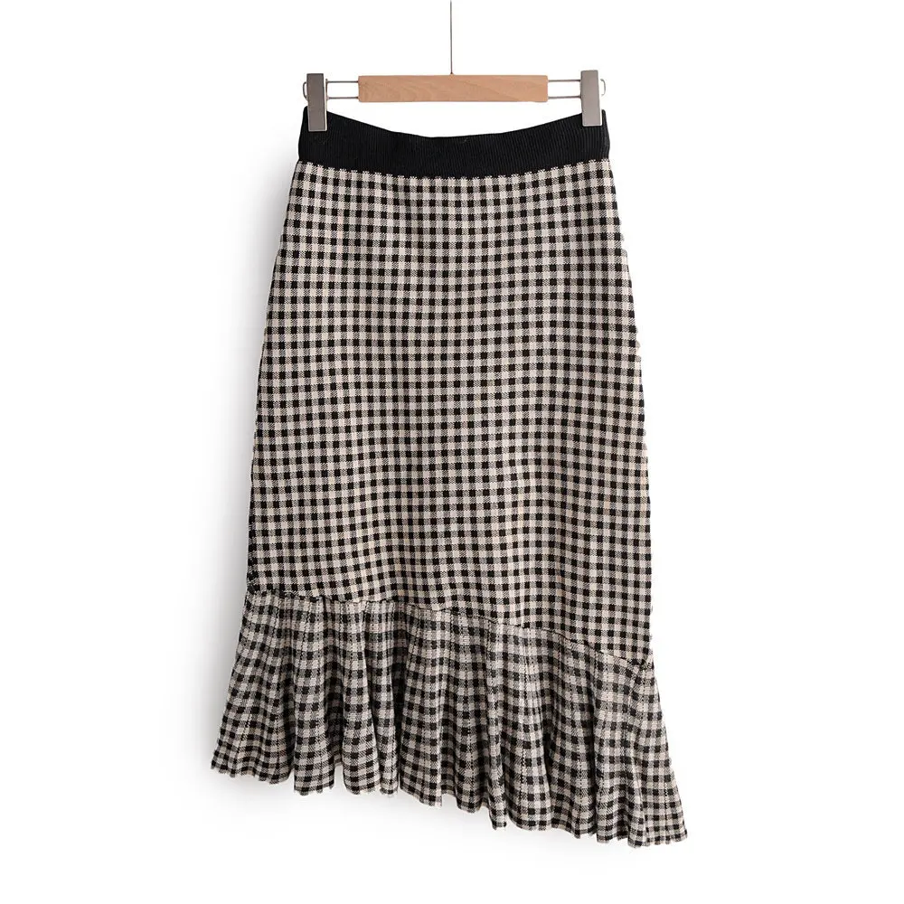 Fashion Plaid Irregular Women Sweater Skirt High Elastic Waist Ruffle Pleated Mid-length Female Knitted Skirts Autumn Skirt