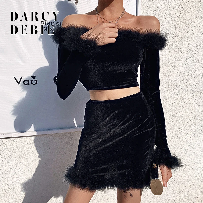 Women Sexy Fur Feather Two Piece Dress Off-Shoulder 2 Pieces Set Club Bodycon Wrap Mini Party Long Sleeve Dresses vestidos | Женская