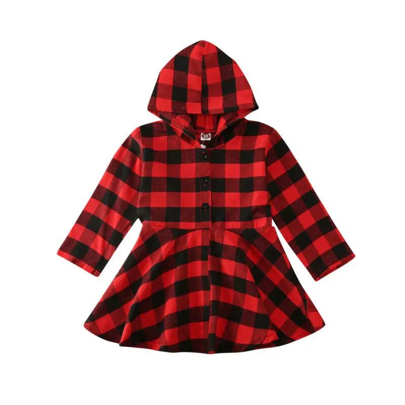 Красное клетчатое платье с капюшоном для маленьких девочек пуловер