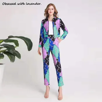 

Obsessed with lavender.New fashion jacket casual pants women spring and autumn blue purple print C suit