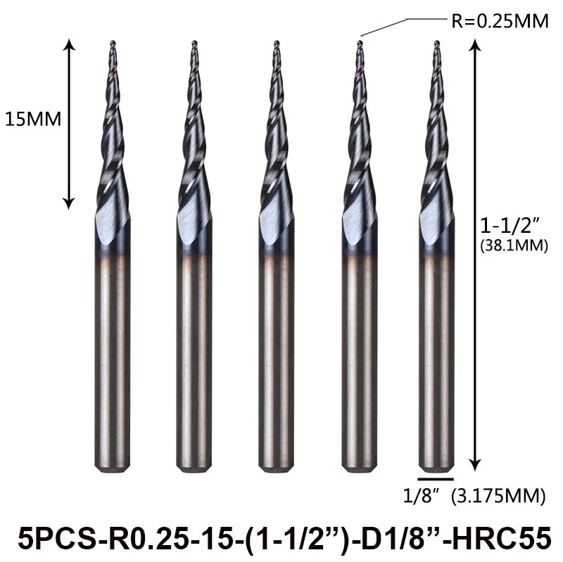 5 шт./лот карбид вольфрама дюйма размер 3,175 мм сферические концевые фрезы ЧПУ конус дерево металл фрезы - Длина режущей кромки: 5PC-R0.25-D3.1-HRC55