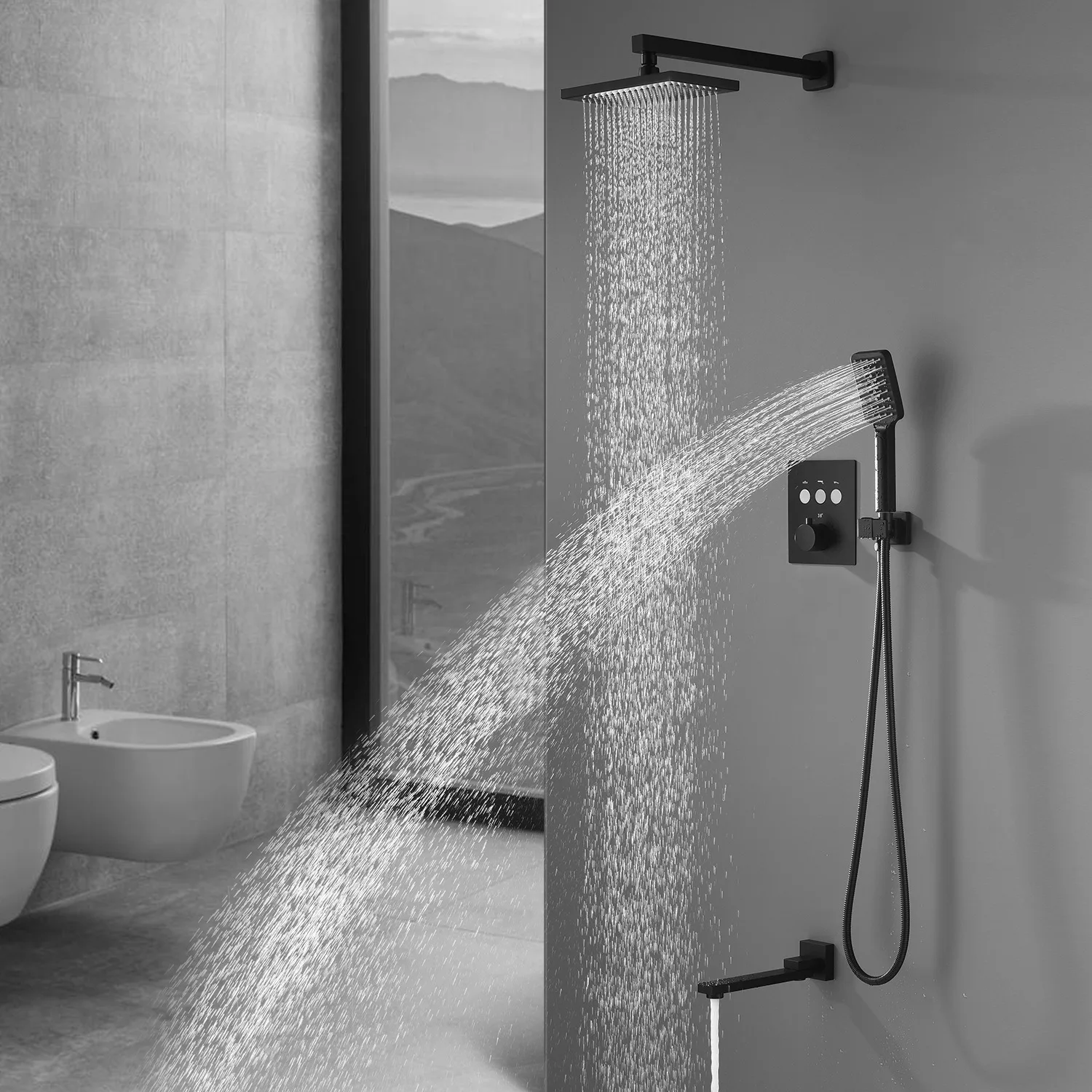 

Shower Room Dumb Light Black Button 3 Function Independent Effluent Income Wall Shower Suit