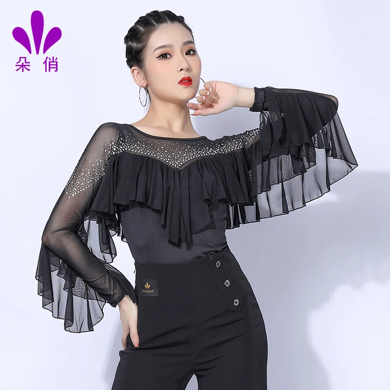 

Женская одежда для латиноамериканских танцев, новая рубашка для взрослых для латиноамериканских танцев, тренировочный топ с длинными рукавами по национальному стандарту