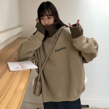 

Women Autumn Winter Turtleneck Pullovers Sweatshirt with Velvet Female Letter Print Long Sleeve Oversized Hoodies Vintage