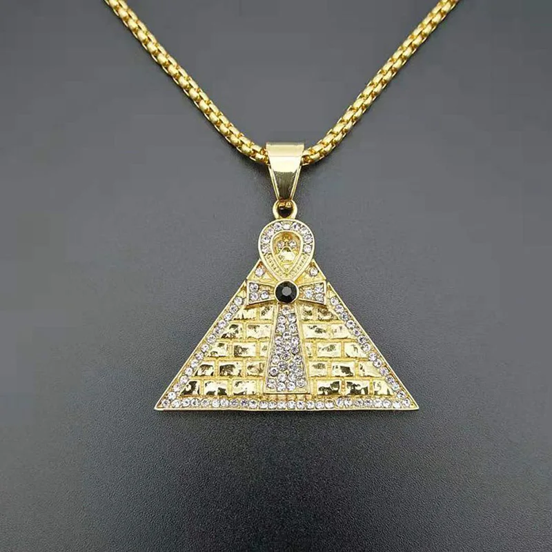 Хип хоп CZ Циркон Bling Iced Out Золото Нержавеющая сталь Ankh крест Египетские пирамиды Подвески ожерелье для мужчин рэппер ювелирные изделия