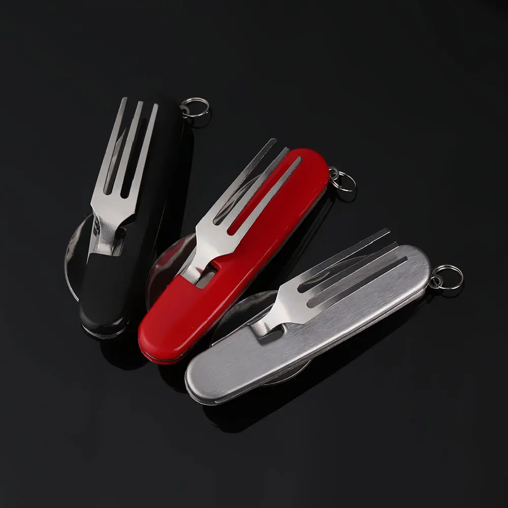 4 in 1 Outdoor Tableware(Fork/Spoon/Knife/Bottle Opener) Camping Stainless Steel Folding Pocket Kits for Hiking Survival Travel