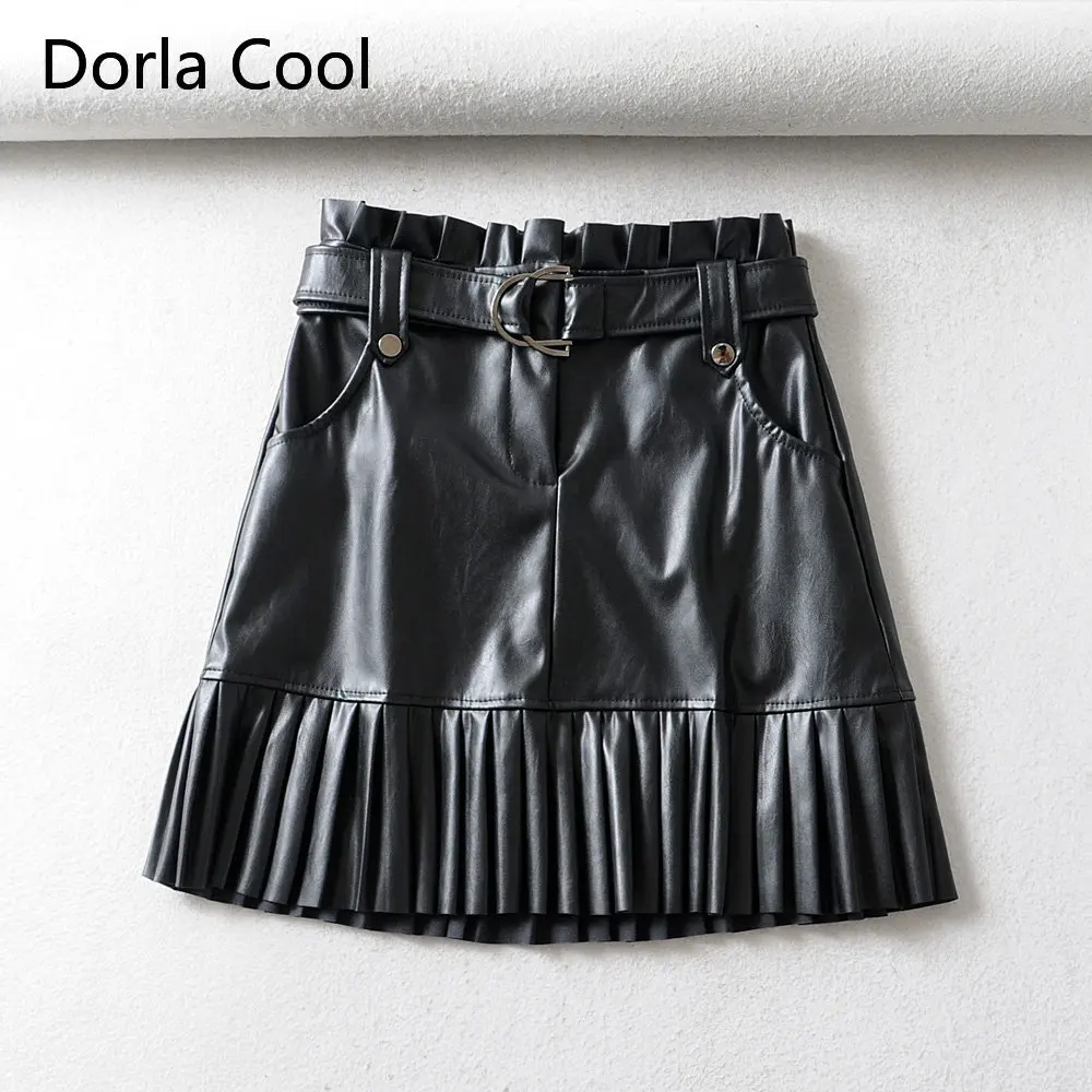New Runway Faux Leather Skirt Ruffles Pleated Slim Pu European Women