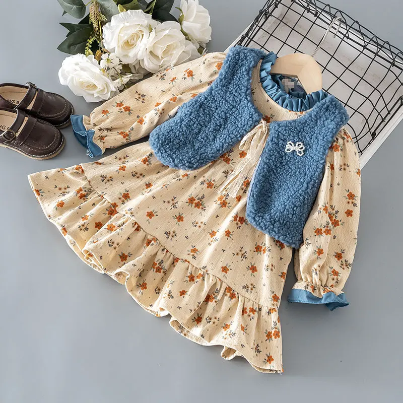

Winter kids girl's clothes baby outfit sets velvet warm floral dress vest suit for girl's children clothing baby birthday dress