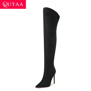 

QUTAA 2020 Pointed Toe Zipper Over The Knee Boots Stretch Flock Women Shoes Fashion Thin High Heel Long Boots Big Size 34-43