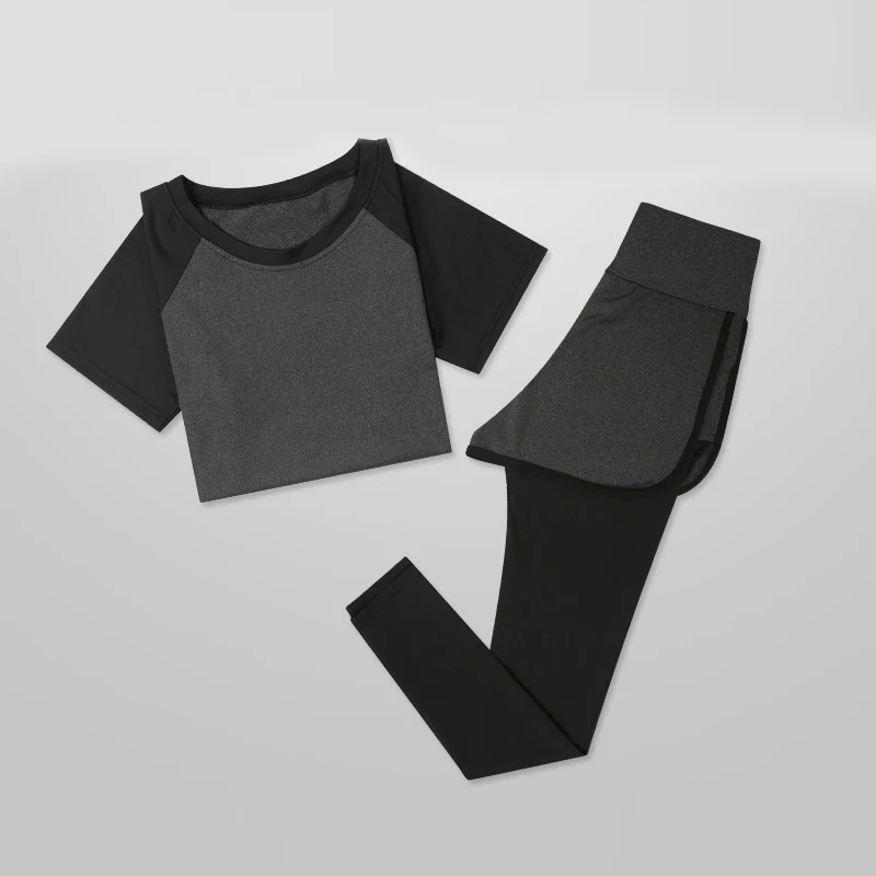 Сексуальный комплект для йоги, для фитнеса, женская футболка для бега+ дышащие штаны, одежда, леггинсы, для йоги, спортзала, тренировки, спортивный комплект, комплект для йоги - Цвет: Gray-trousers