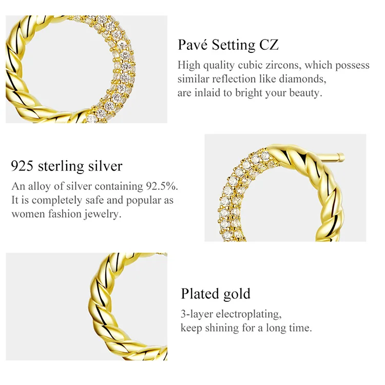 Bamoer 925 пробы серебряные круглые серьги-гвоздики для женщин золотого цвета свадебные ювелирные изделия Новинка Orecchini BSE295