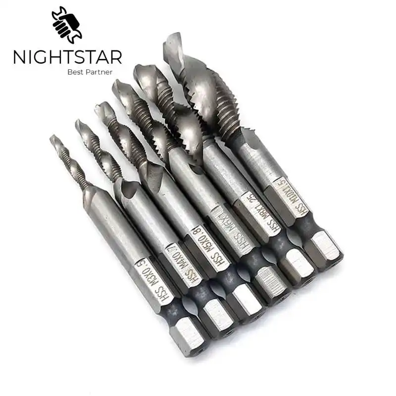 

6pcs 1/4'' Hex HSS High Speed Steel Thread Spiral Screw M3 M4 M5 M6 M8 M10 Metric Composite Tap Drill Bit Tap