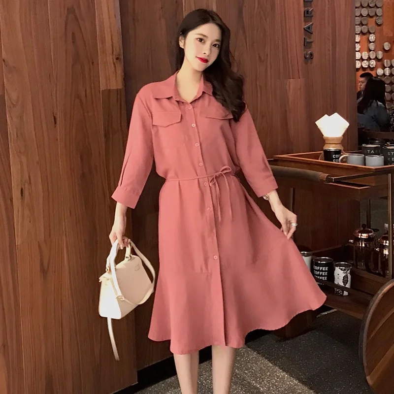 

Women Casual Shirt Dress New Autumn Fashion Korean Style Turn-down Collar Double Pocket Loose Comfort Female Long Dresses S028