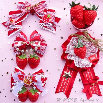 

Super Cute Strawberry Bow Hairpin Sweet Lolita Soft Sister Brooch KC Lace Hair Accessories Side Clip Cosplay Kawaii Headwear