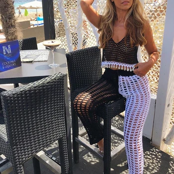 

Deep v-neck bikini 2020 Hollow out woman swimsuit cover-ups Crochet beach crop top Patchwork pants Sexy beach wear Sexy kimono