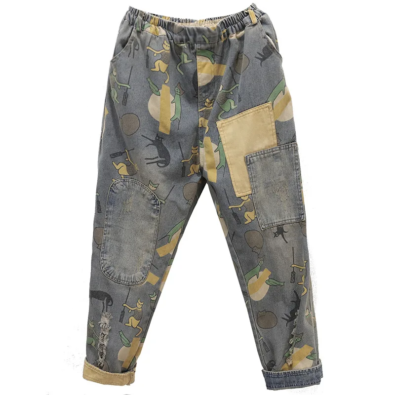 Autumn Jeans Women Elastic Waist Loose Retro Print Denim Pants New Ladies Casual Pocket Spliced All-match Trousers