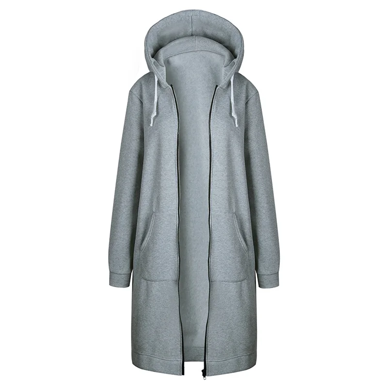 OYN0581-gray Женский Тренч с длинным рукавом и капюшоном, женские повседневные однотонные пальто на молнии, уличное пальто, Женское пальто - Цвет: OYN0581-gray