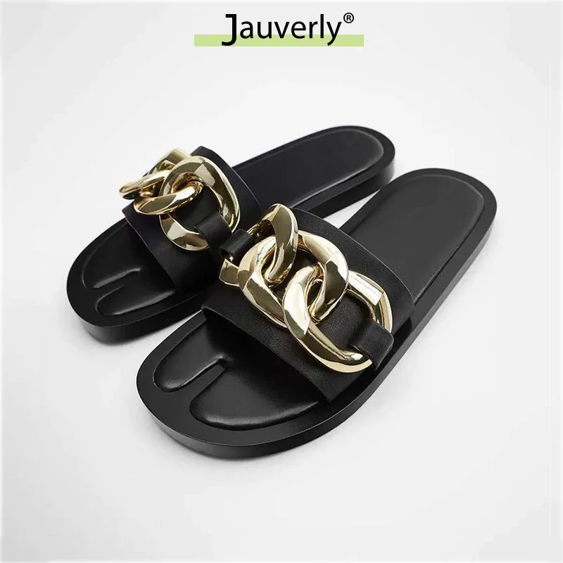 

2021 Summer Black Leather Women Slippers INS Style Sandals Brand Designer Golden Metal Chain Flat Slides Casual Split Toe Shoes