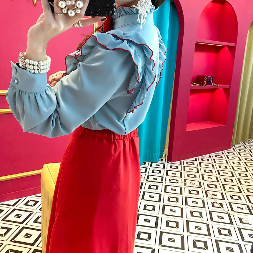 WHITNEY WANG Blouses Woman Autumn Fashion Streetwear Ruffled Bow Blouse Women Blusas Office Lady Shirt Tops