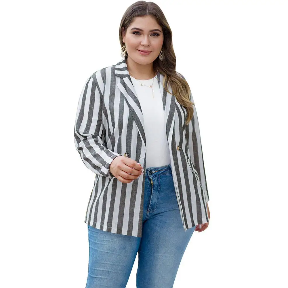MISSKY Fuller Figure Lady Women Suit Coat Stripe Lapel Combined Color Over Size Loose Casual Coat Spring Autumn Female Tops