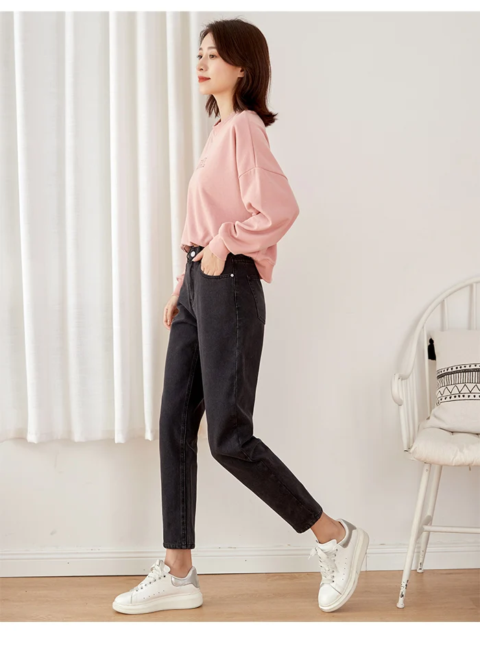 LEIJIJEANS, новинка, большие размеры, Женские повседневные свободные черные джинсовые брюки от Harlan, плюс бархатные теплые модные женские джинсы с высокой талией