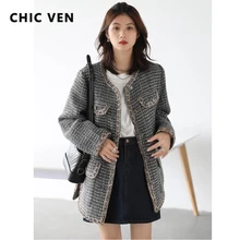 

CHIC VEN Women's Wool Blends Coat Winter Fashion Plaid Women Blazer Jacket Vintage Tweed Outerwear Female Top 2021 Autumn Winter