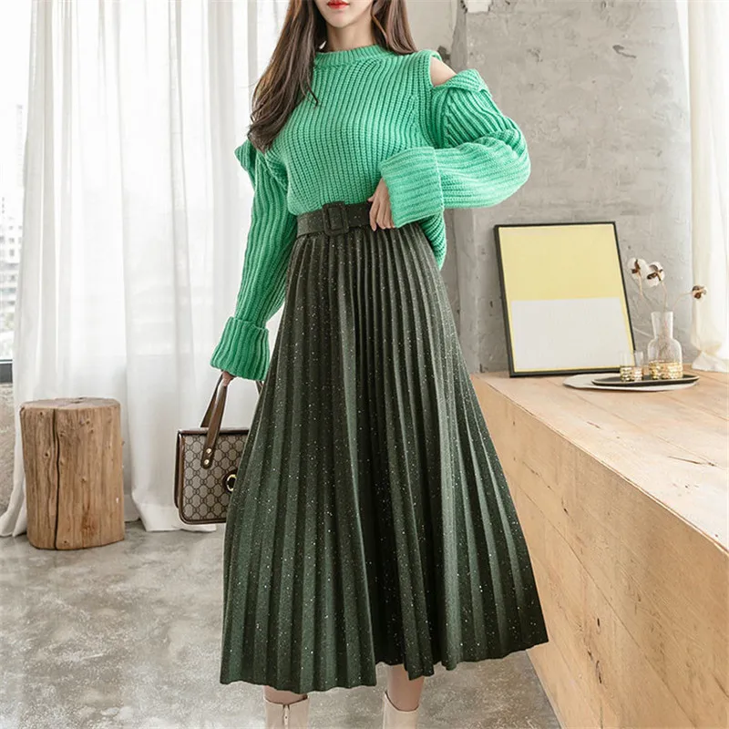 

Women Fashion Shiny Skirt Retro High Waist Pleated Skirt Autumn Winter Skirts With Blet