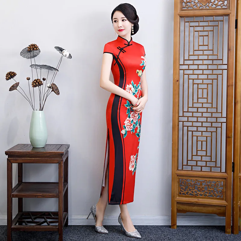 Небесно-Голубой Cheongsam длинный раздел длинный Чонсам ежедневно Национальный Ветер Ретро платье тонкий женский размера плюс M-6XL