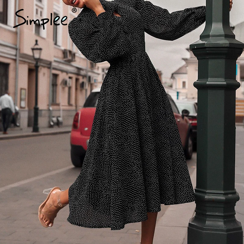 Simplee Elegant polka dot women dress Lantern sleeve office ladies bow tied work long dresses A-line female ladies party dresses Simplee Elegant polka dot women dress Lantern sleeve office ladies bow tied work long dresses A-line female ladies party dresses