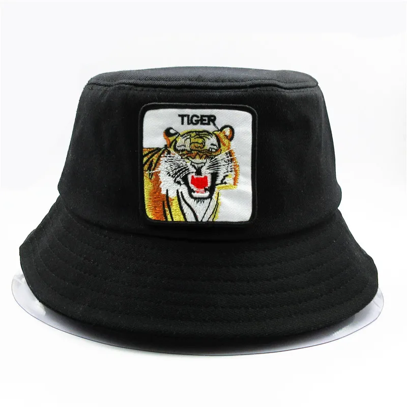 Animal Tiger Embroidery Cotton Bucket Hat Fisherman Hat Outdoor Travel Hat Sun Cap Hats for Men