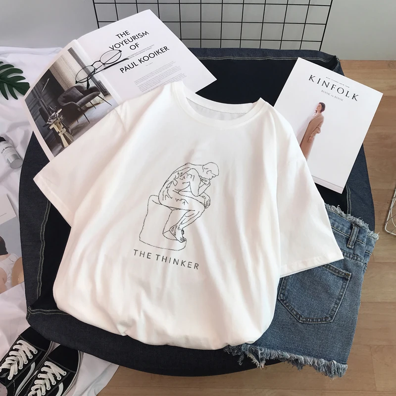 Ulzzang Harajuku Funny Black and White Drawing David Printed Short Sleeve T-Shirt Loose O-neck Casual Women T-Shirt Tee Tops