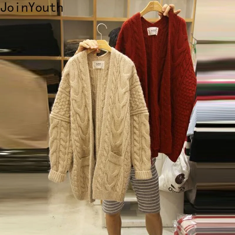 JoinYouth/зимняя одежда, однотонные Длинные кардиганы в Корейском стиле, винтажные осенние толстые свитера года, женские карманы Chaqueta Mujer J182