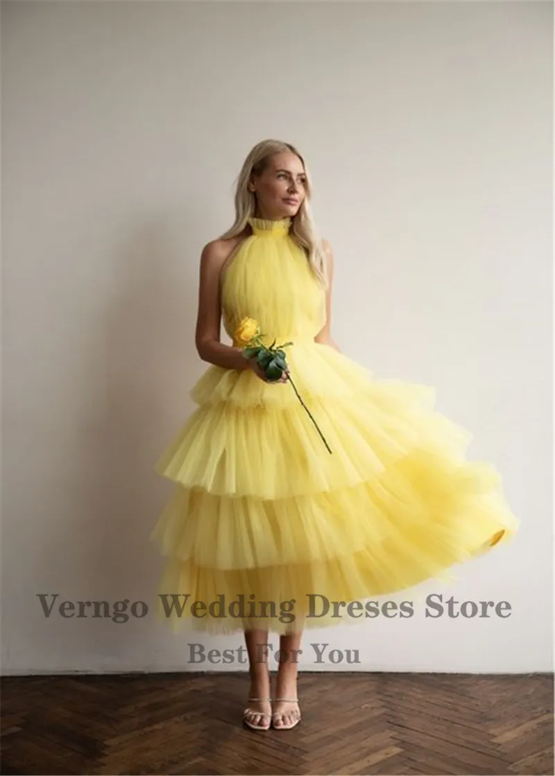 Verngo White/Dusty Pink /Lavender Ruffles Tulle Short Prom Dresses High Neck Tiered Tea Length Evening Party Gowns Formal Dress