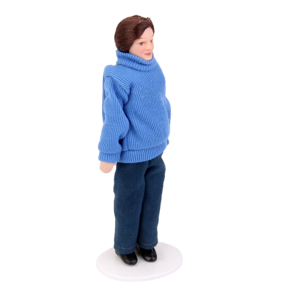 1/12 Dollhouse Miniature Porcelain Doll Young Modern Male in Blue Sweater and Pants