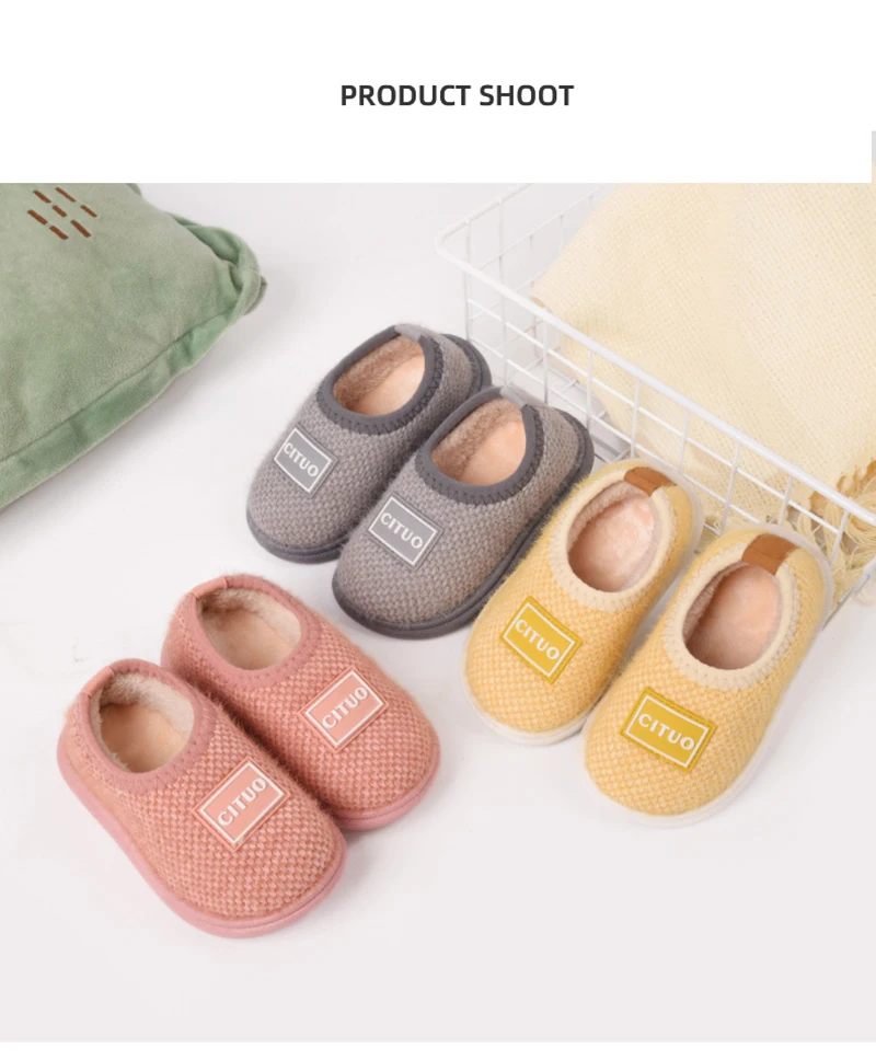 Winter Children Knit Furry Slippers Kids Soft Plush Warm Home Floor Shoes Boys Girl Rubber Soles Non-slip Indoor Cotton Slippers girls leather shoes