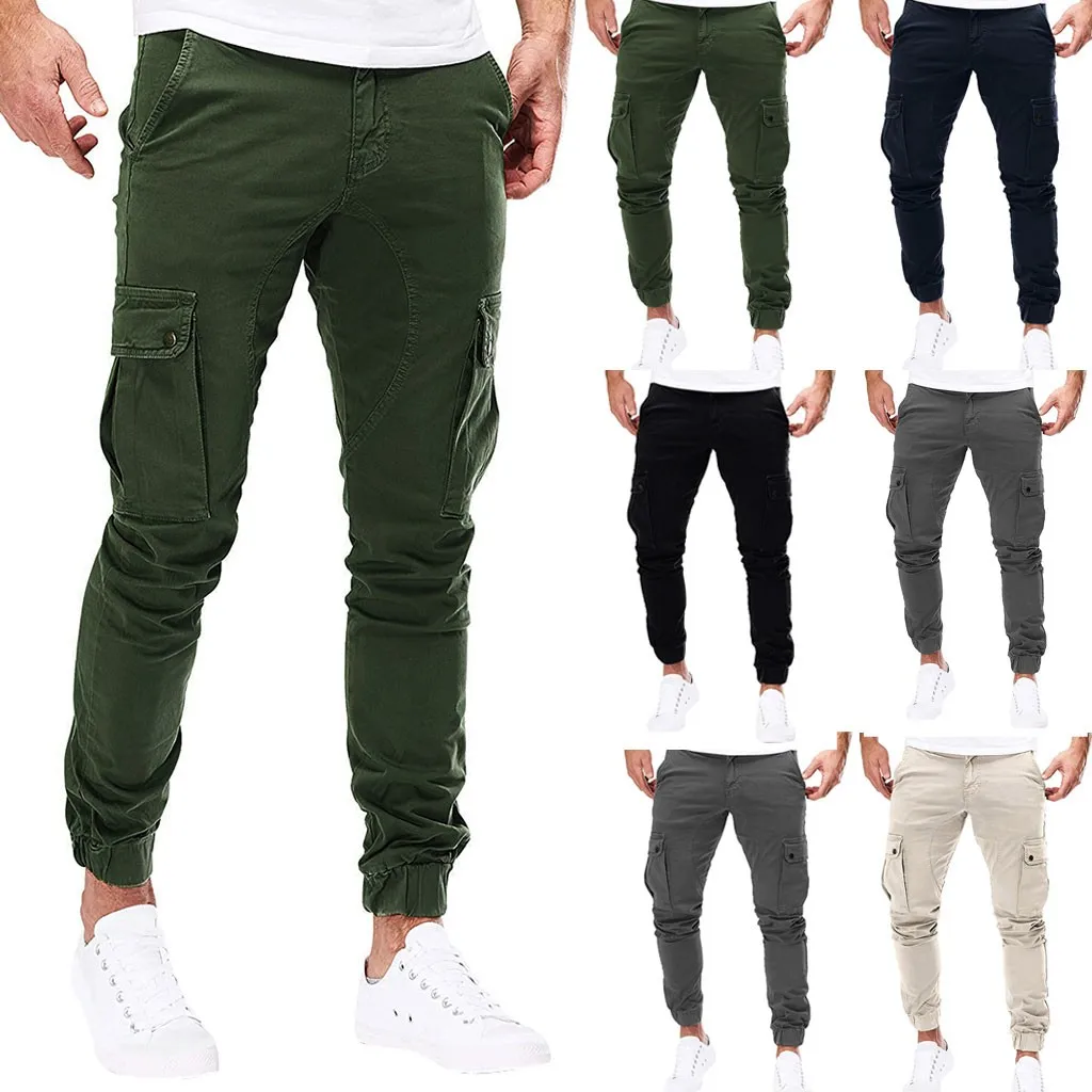 

2019 Men Pure Color Pocket Overalls Casual Pocket Sport Work Casual Trouser Pants Dropshipping18 Sweatpants Jogger Sportswear