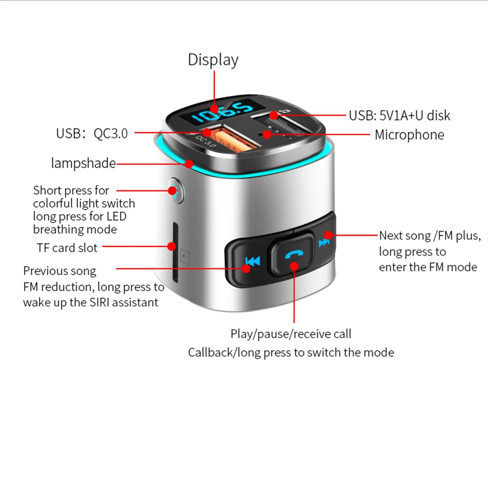 VicTsing Bluetooth 4,2 fm-передатчик QC 3,0 зарядное устройство AUX модулятор беспроводной автомобильный Радио адаптер TF USB MP3 плеер окружающий светильник